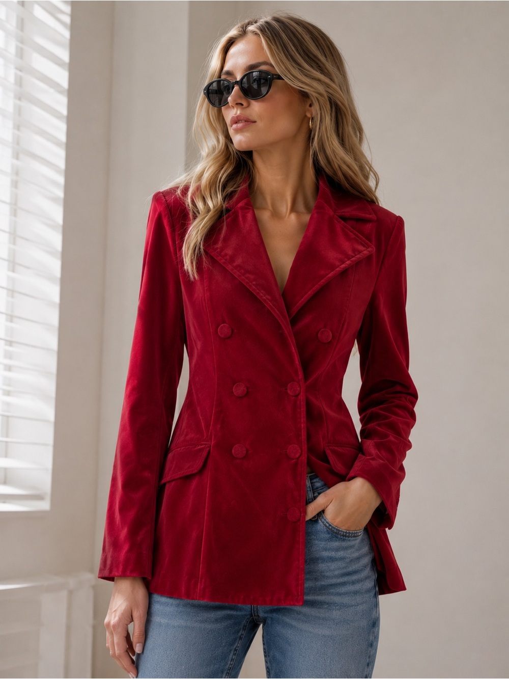 Rampage Double-Breasted Red Velvet Blazer Coat – Size S